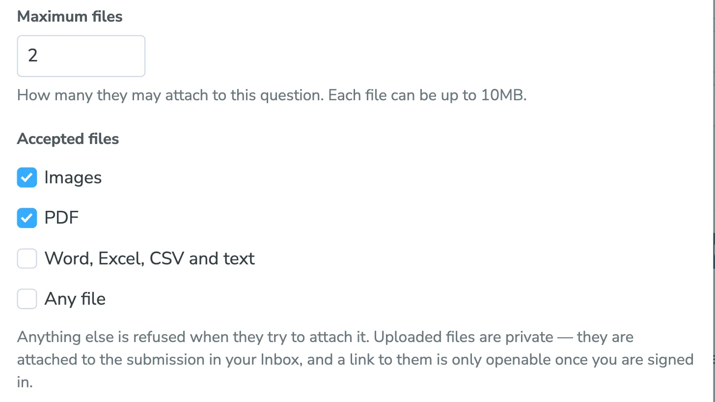 The two settings on a File Upload question: maximum files and accepted file kinds