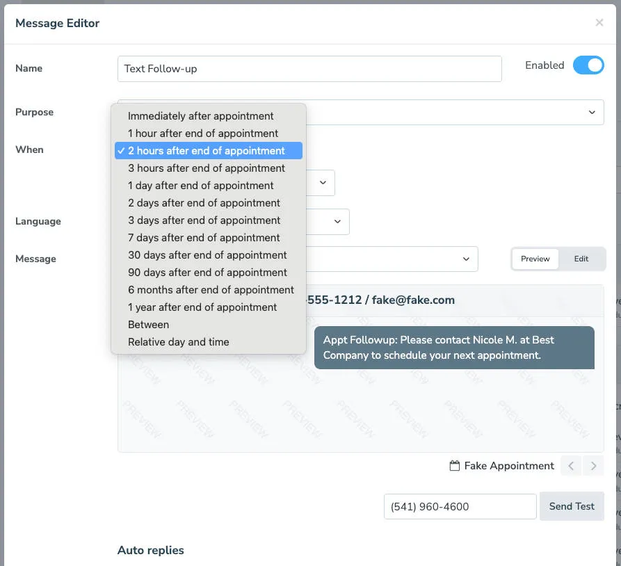 Use the "When" field in Message Editor to determine how long after an appointment a follow-up message should send