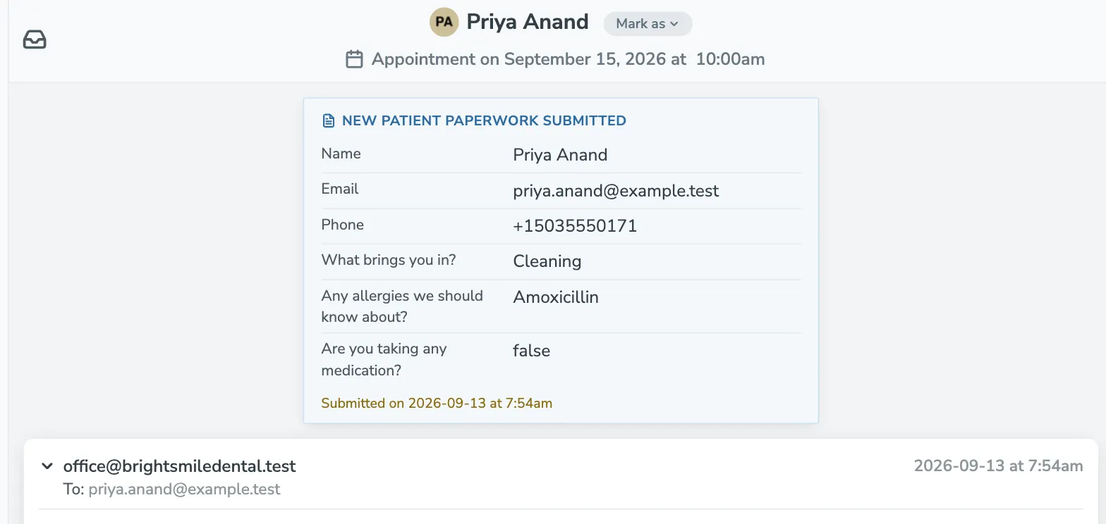 A submitted form drawn as a note at the top of the client's conversation, with the confirmation email below it