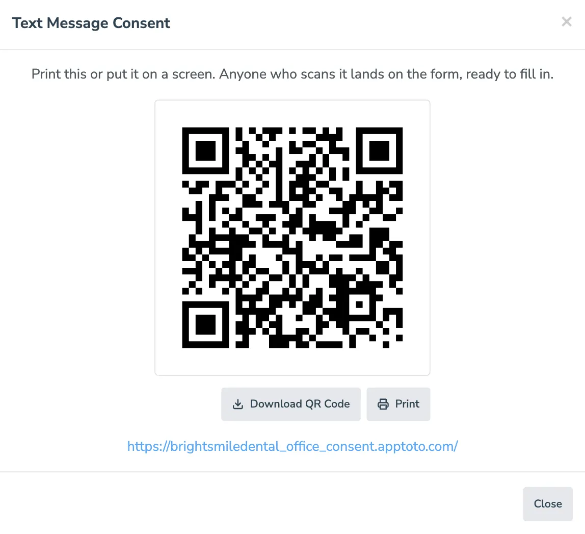 The QR code for a form, with buttons to download or print it