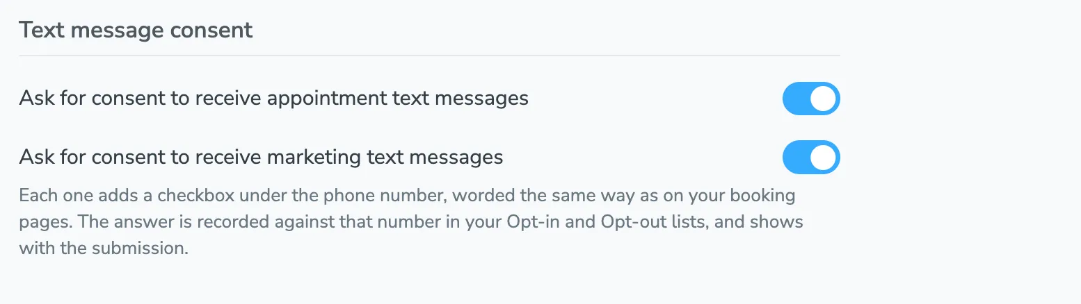 The two text message consent switches on the Form tab