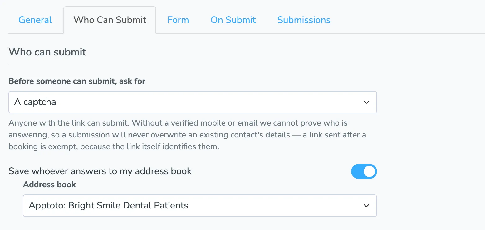 The Who Can Submit tab with a captcha selected and an address book chosen