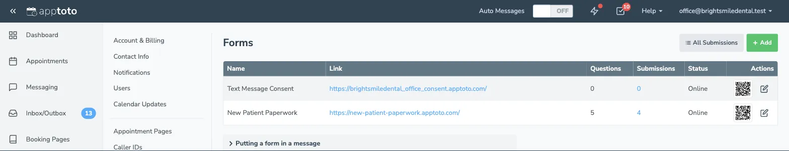 The Forms tab listing a form with its link, question count, submission count and status