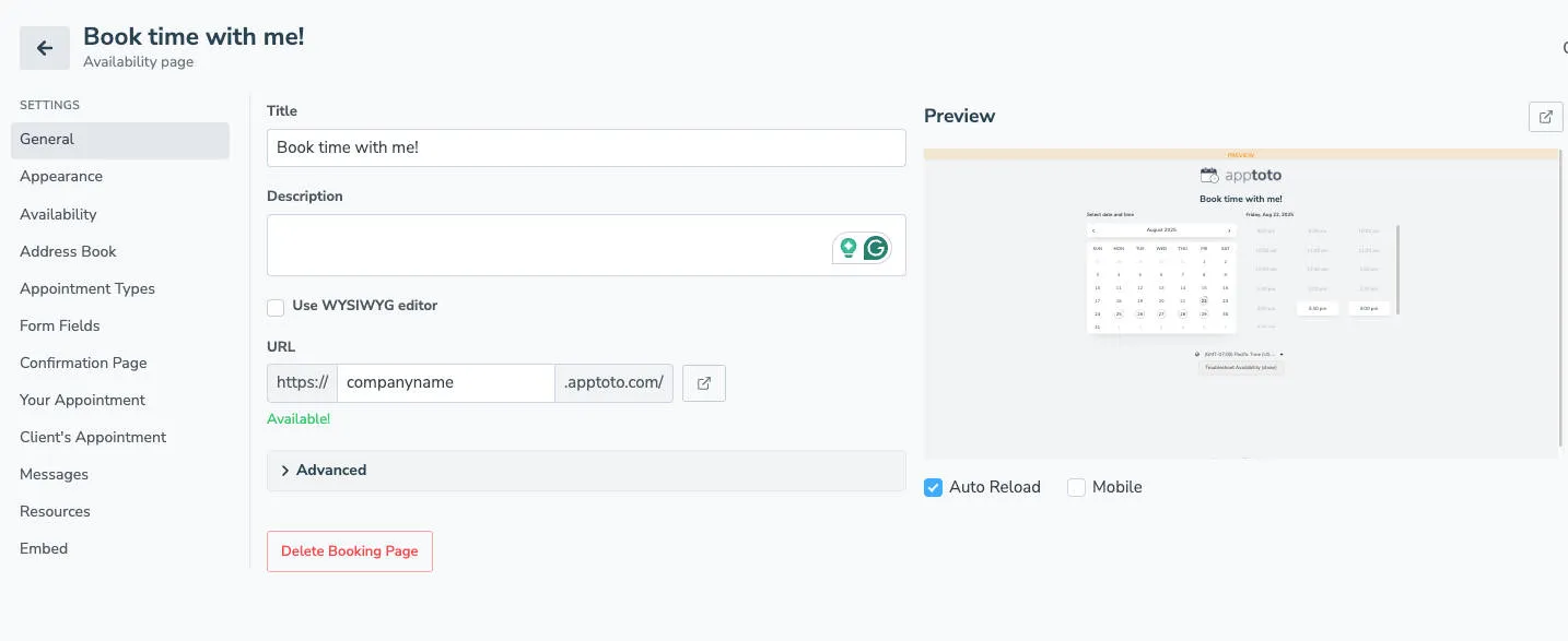 Add general information to your newly created online booking page in Apptoto