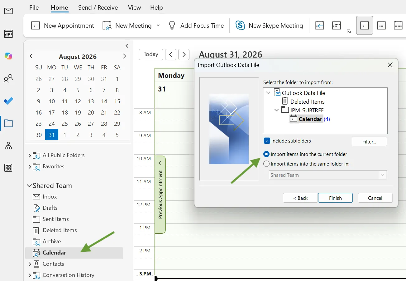 Import Outlook Data File dialog with "Import items into the current folder" selected