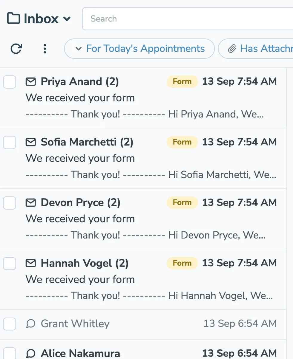 Inbox rows tagged Form, mixed in with ordinary text conversations
