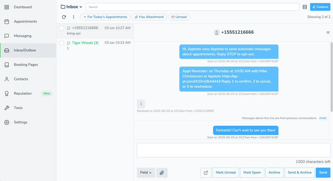 Apptoto inbox with incoming and outgoing messages