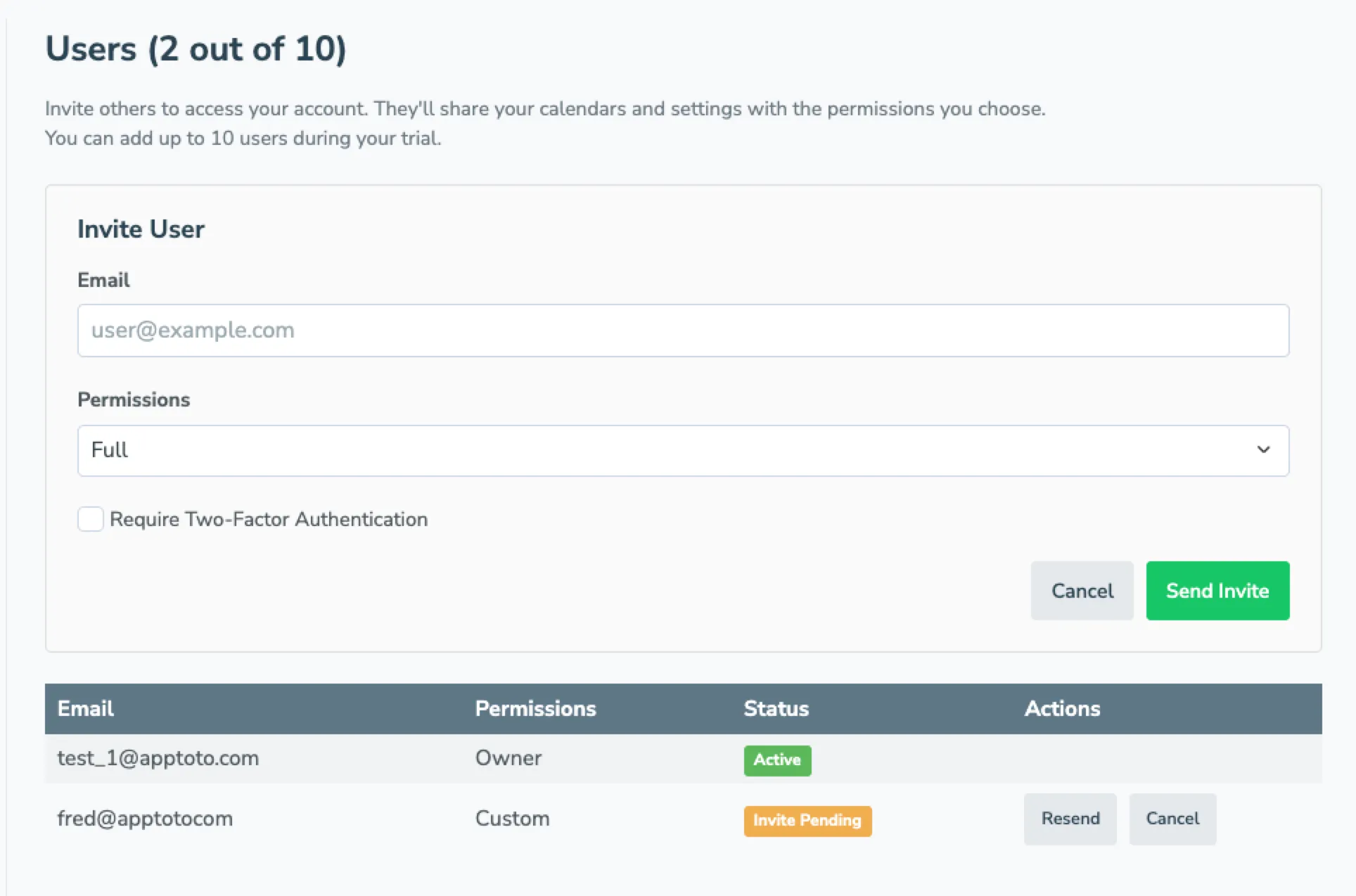 The Invite User form lets you set the email, permission level, and an optional 2FA requirement before sending the invite.