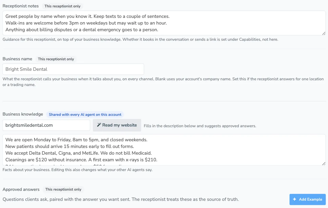 The Knowledge tab showing receptionist notes, the business name, business knowledge with the Read my website button, and approved answers