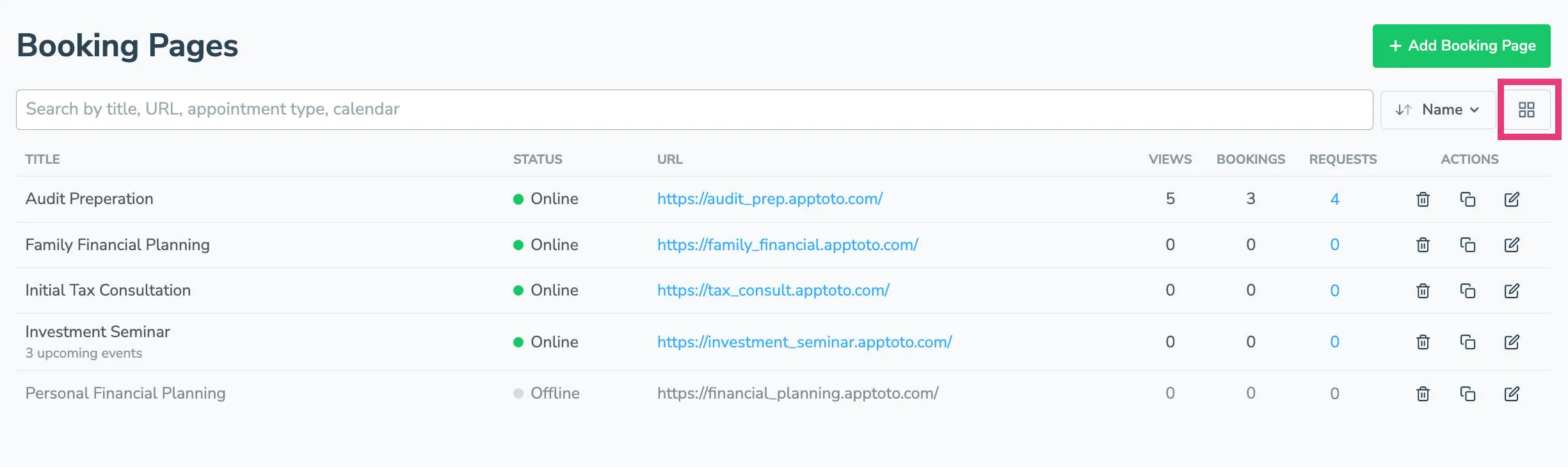 Apptoto Booking Page list view showing information about all booking pages.