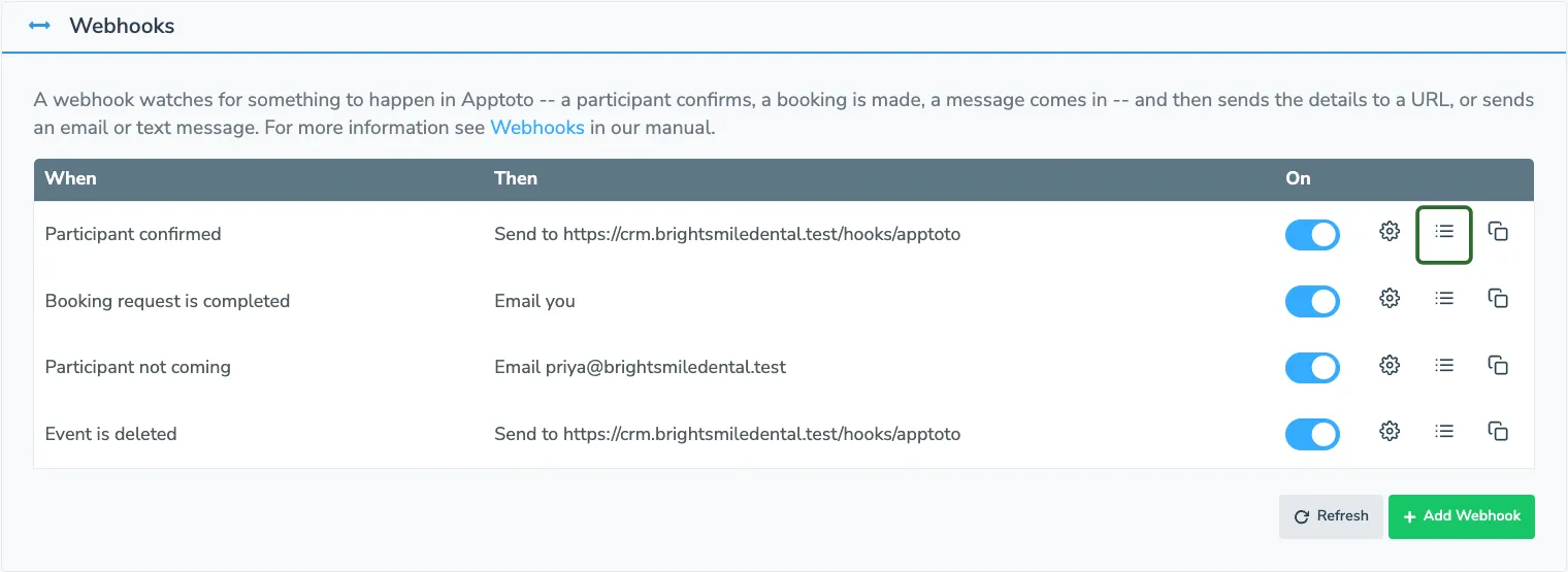 Open a webhook's delivery log from the webhook list