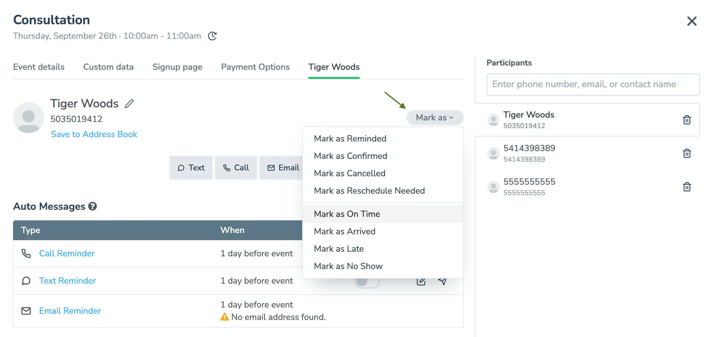 Mark a participant's attendance status using the "Mark As" button on the event editor.