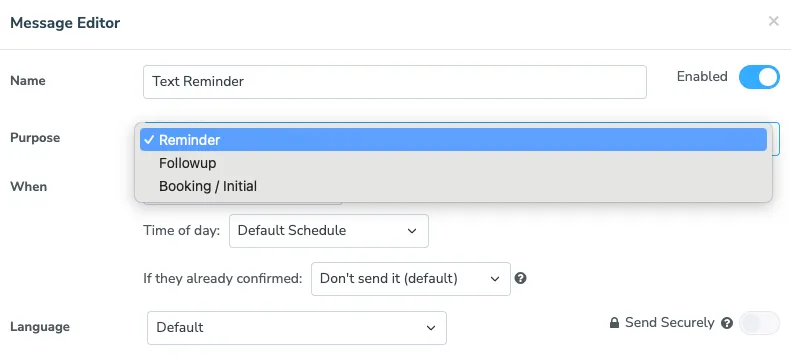 Select the purpose of a message using the Apptoto message editor purpose field