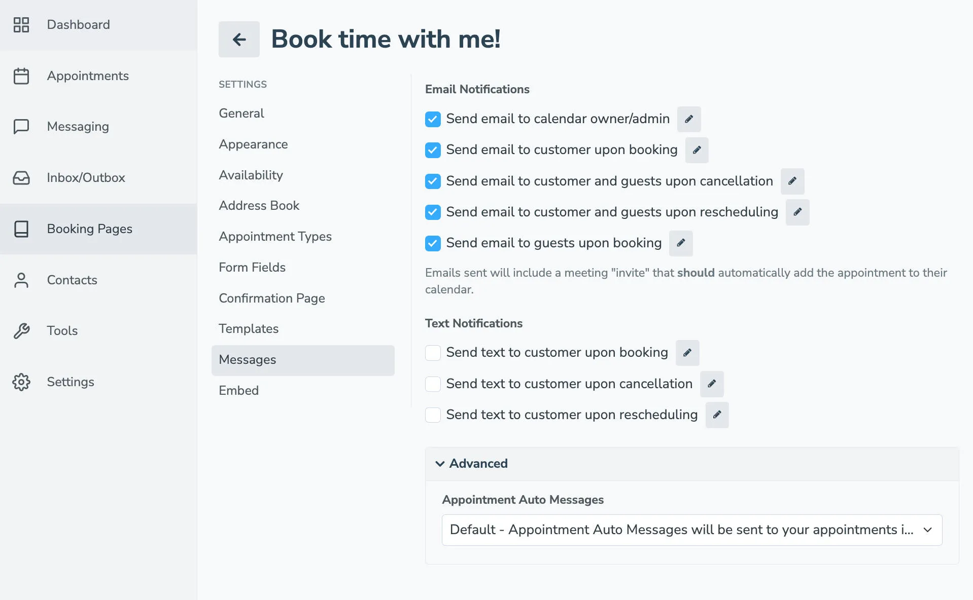 Booking page messages tab