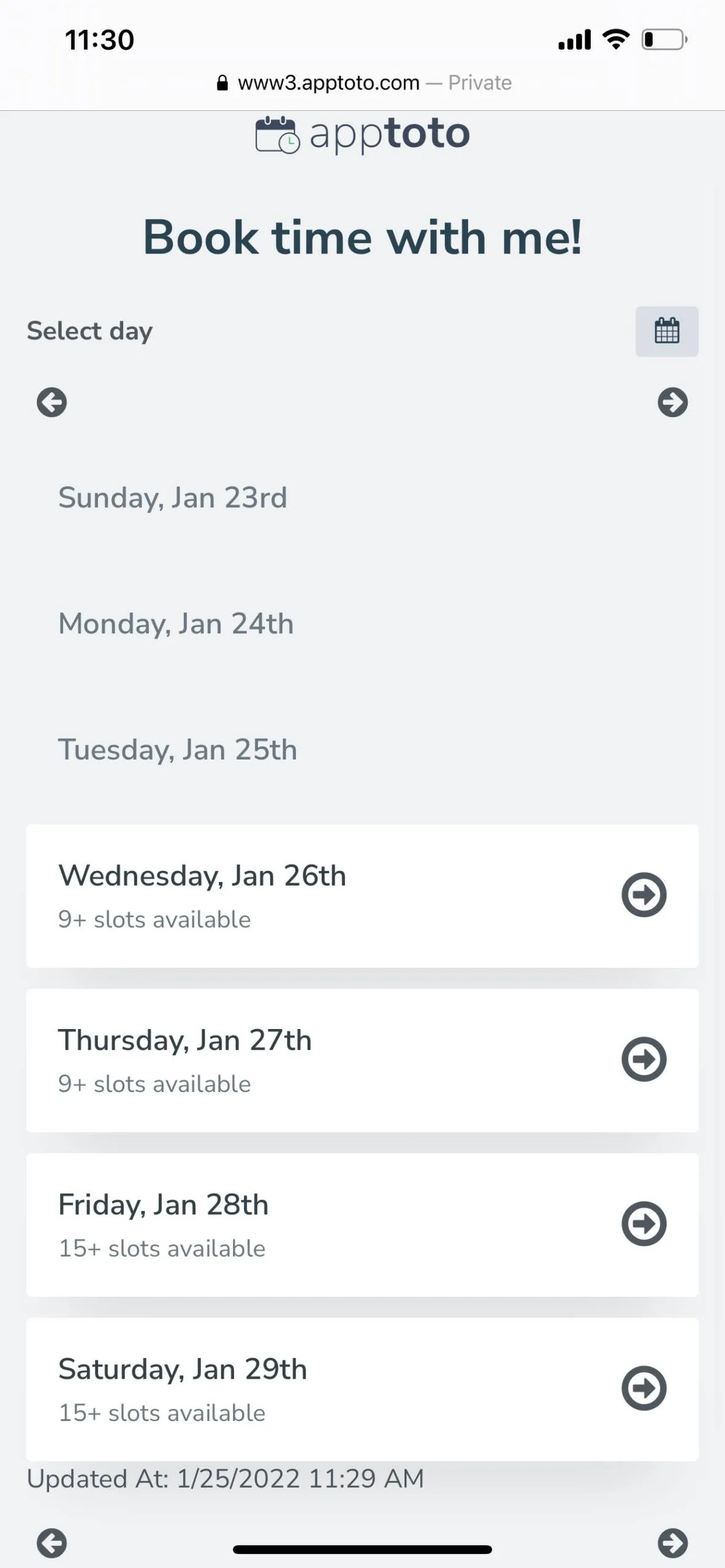 Apptoto booking page with a daily view of available appointment times