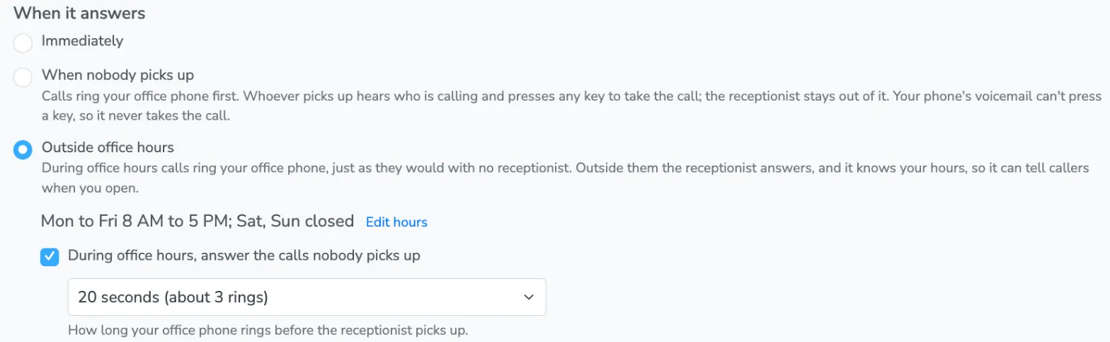 The When it answers section with Outside office hours chosen, showing the office hours and the option to answer calls nobody picks up