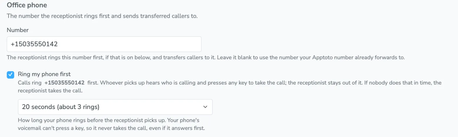 The Office phone section with a number entered and Ring my phone first switched on