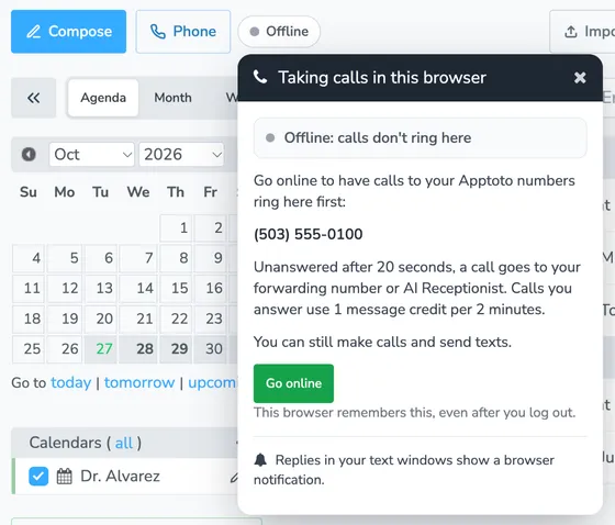 Clicking Offline next to the Phone button opens Taking calls in this browser, which lists the Apptoto number that would ring here, explains what happens to unanswered calls, and has a Go online button