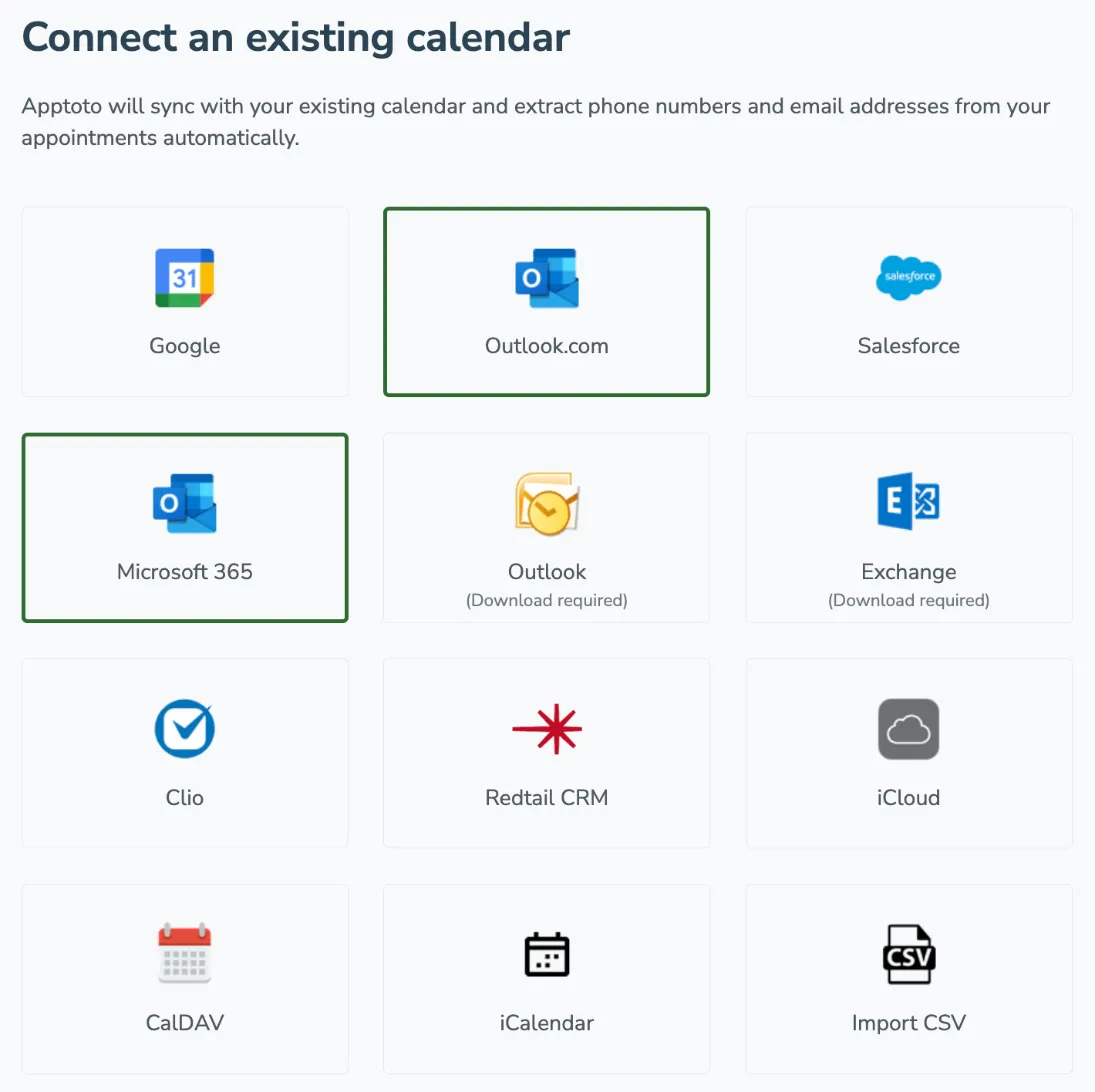 Select Outlook.com calendar integration option