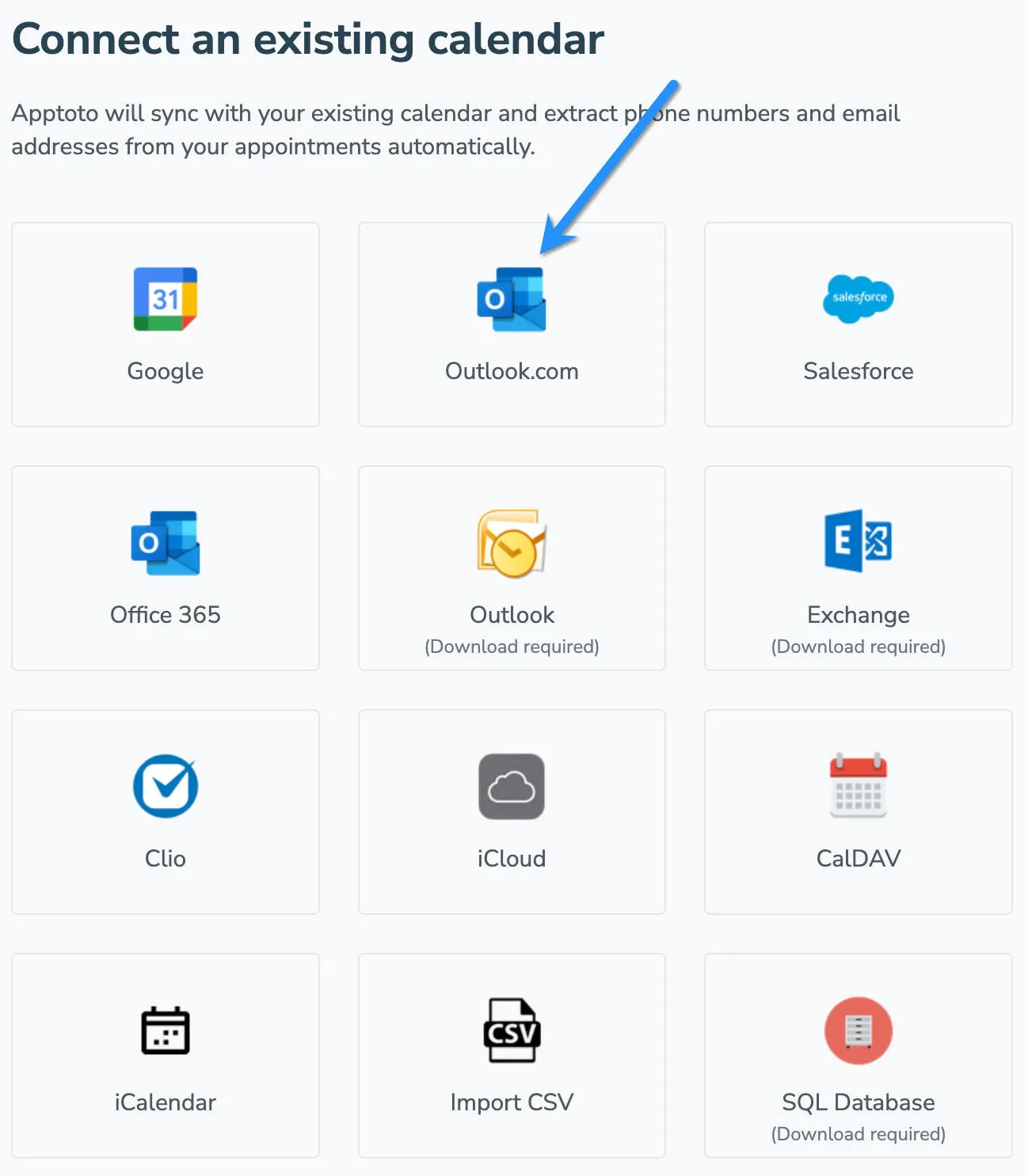 Select Outlook.com calendar integration option