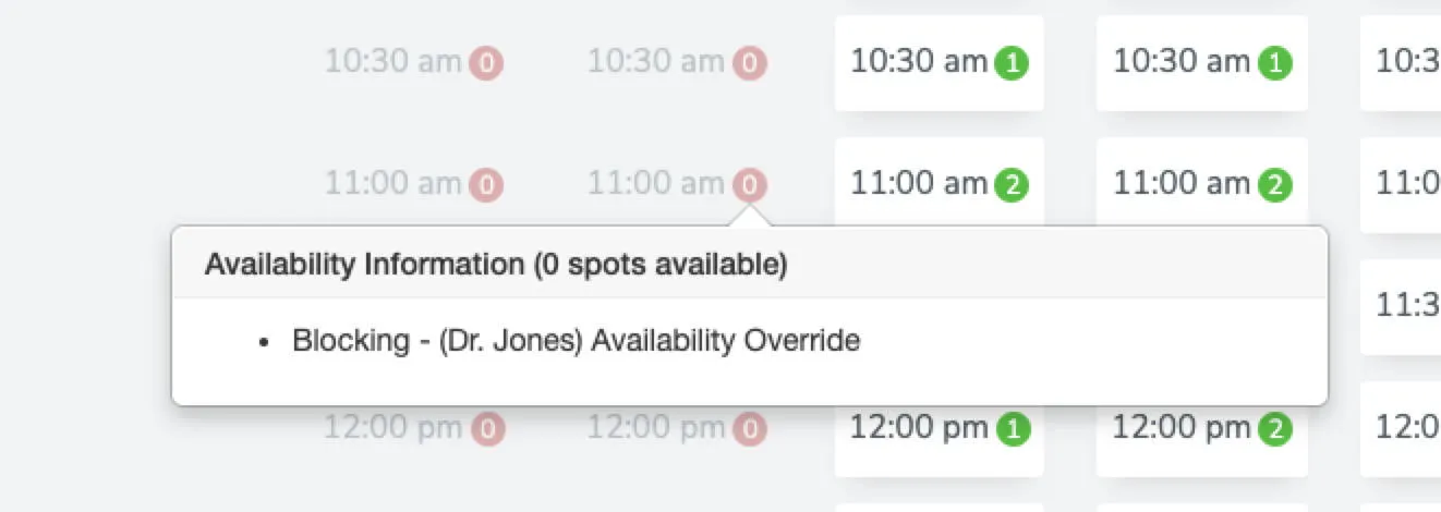 The "Troubleshoot Avialability" tool displaying a blocked time when an availability override is applied