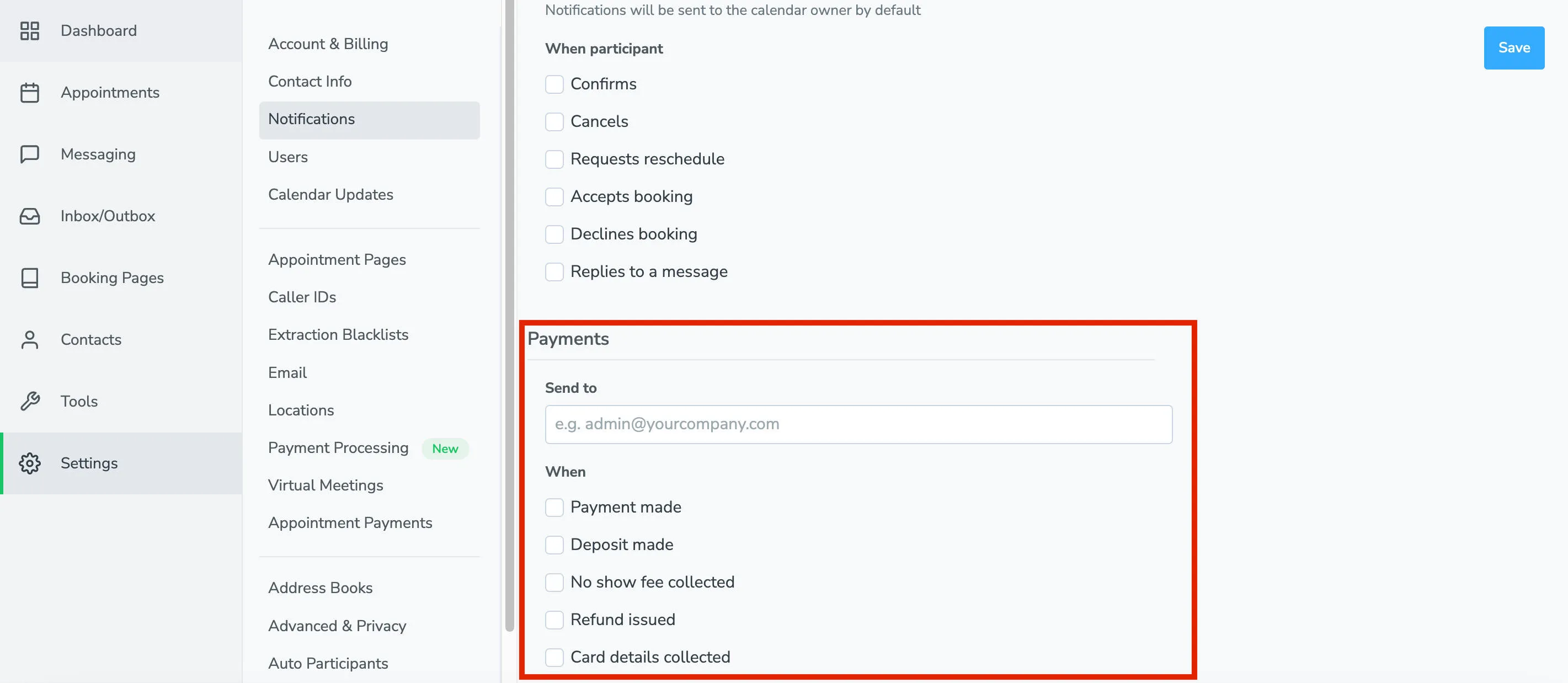Enable payments notifications on the Settings > Notifications tab in Apptoto
