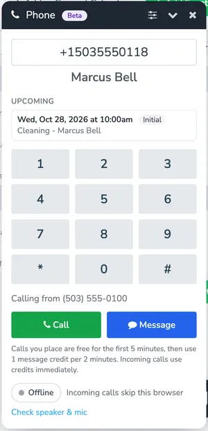 The Phone window with Marcus Bell's number entered, his upcoming cleaning listed under his name, the keypad, Calling from (503) 555-0100, the Call and Message buttons, and what calls cost