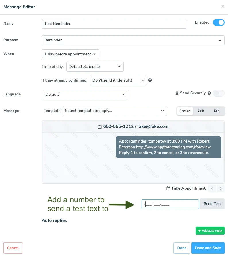 Apptoto's message preview screen lets you enter a phone number to send a test text to.