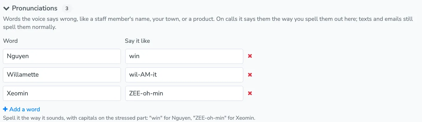 The Pronunciations section with three words and how to say each one