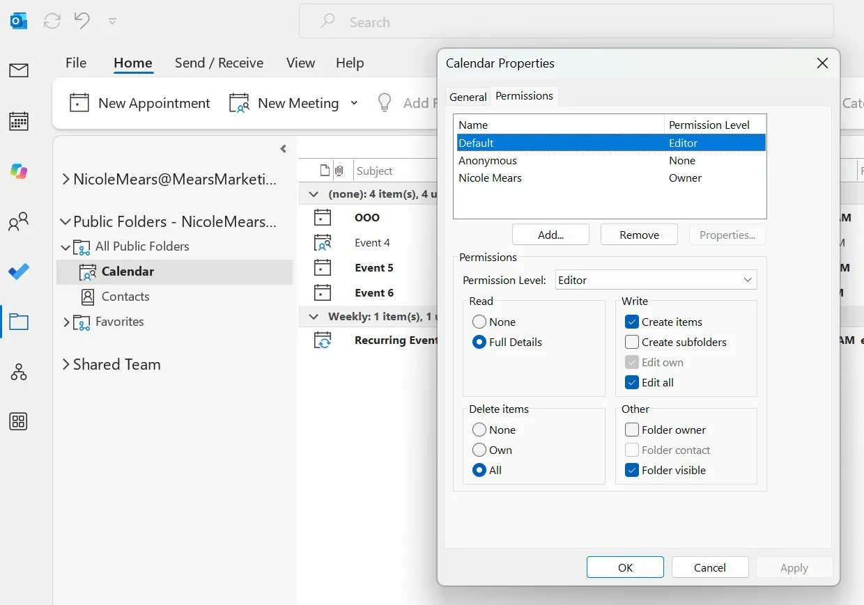 Permissions tab on a public folder calendar in classic Outlook, showing permission levels for each user