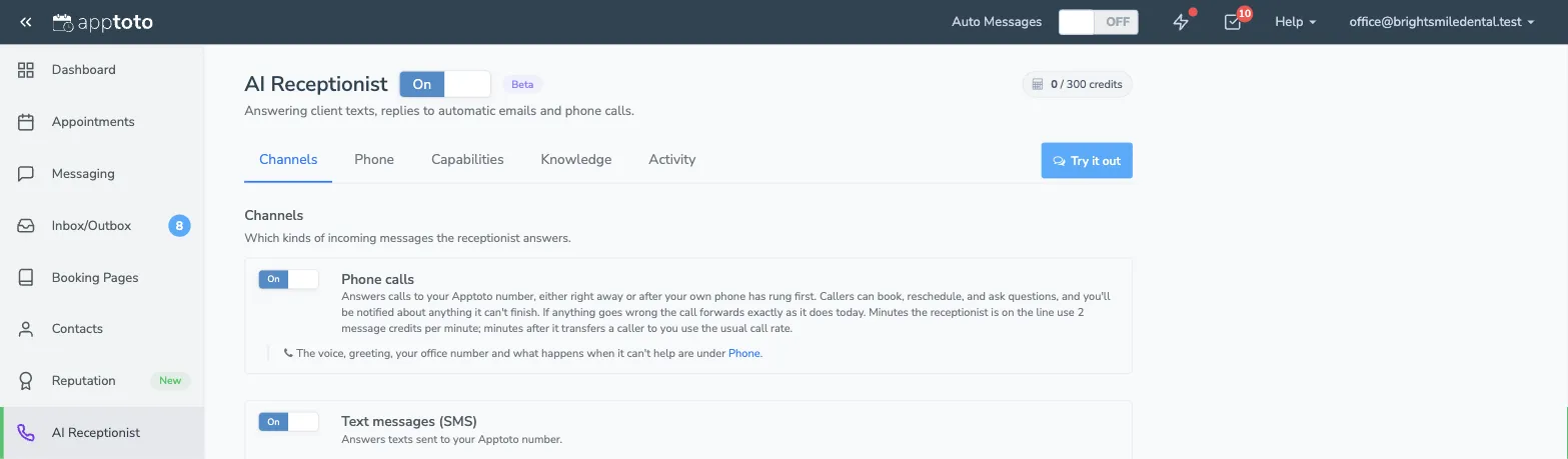 The AI Receptionist tab in Apptoto, switched on, showing the Channels, Phone, Capabilities, Knowledge, and Activity tabs