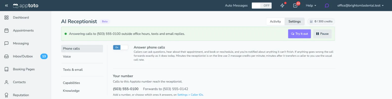 The AI Receptionist tab in Apptoto on Settings, with the Activity and Settings switch at the top, the status bar with Try it out and Pause, and Phone calls, Voice, Texts and email, Capabilities, and Knowledge down the left