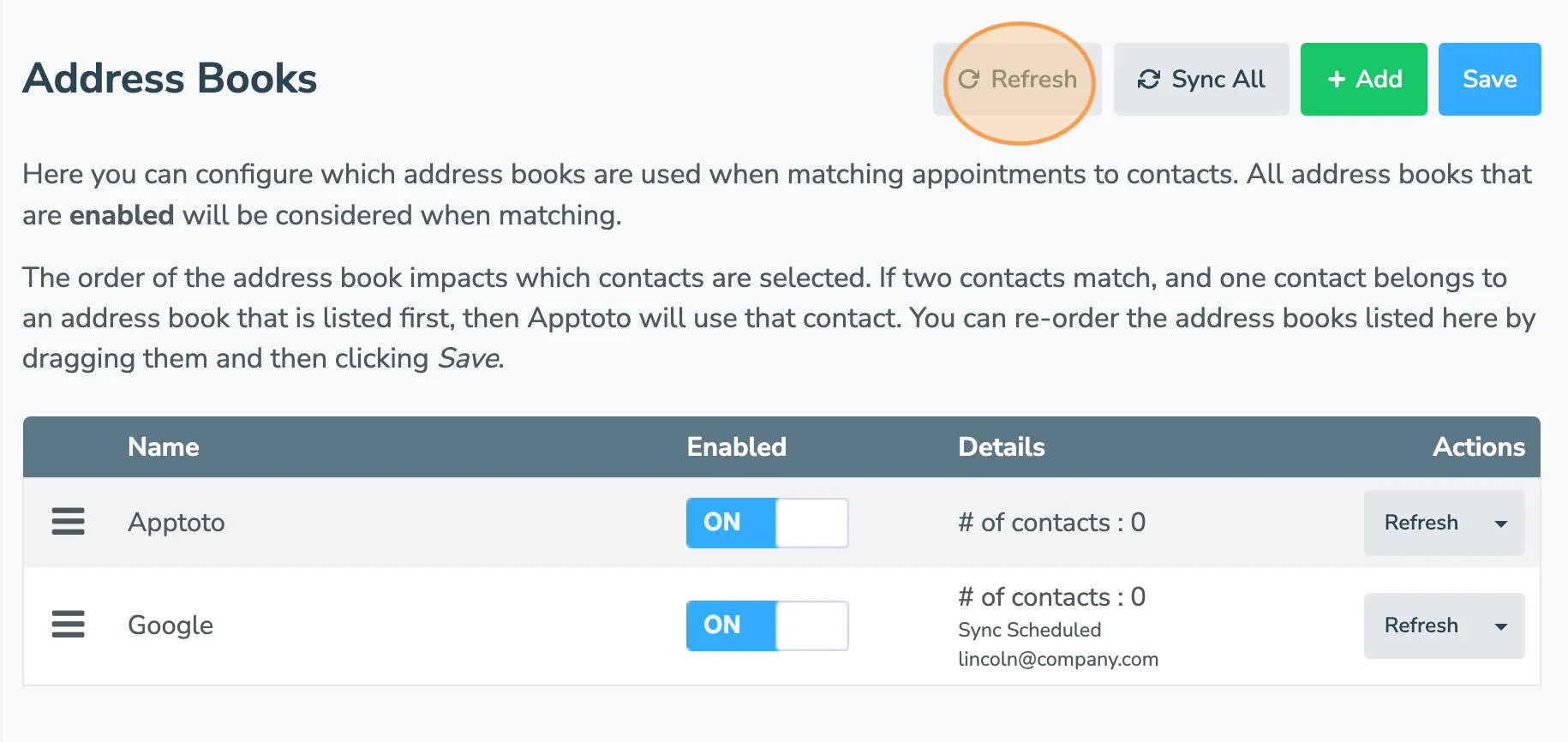 Refreshing contacts in a Google address book in Apptoto