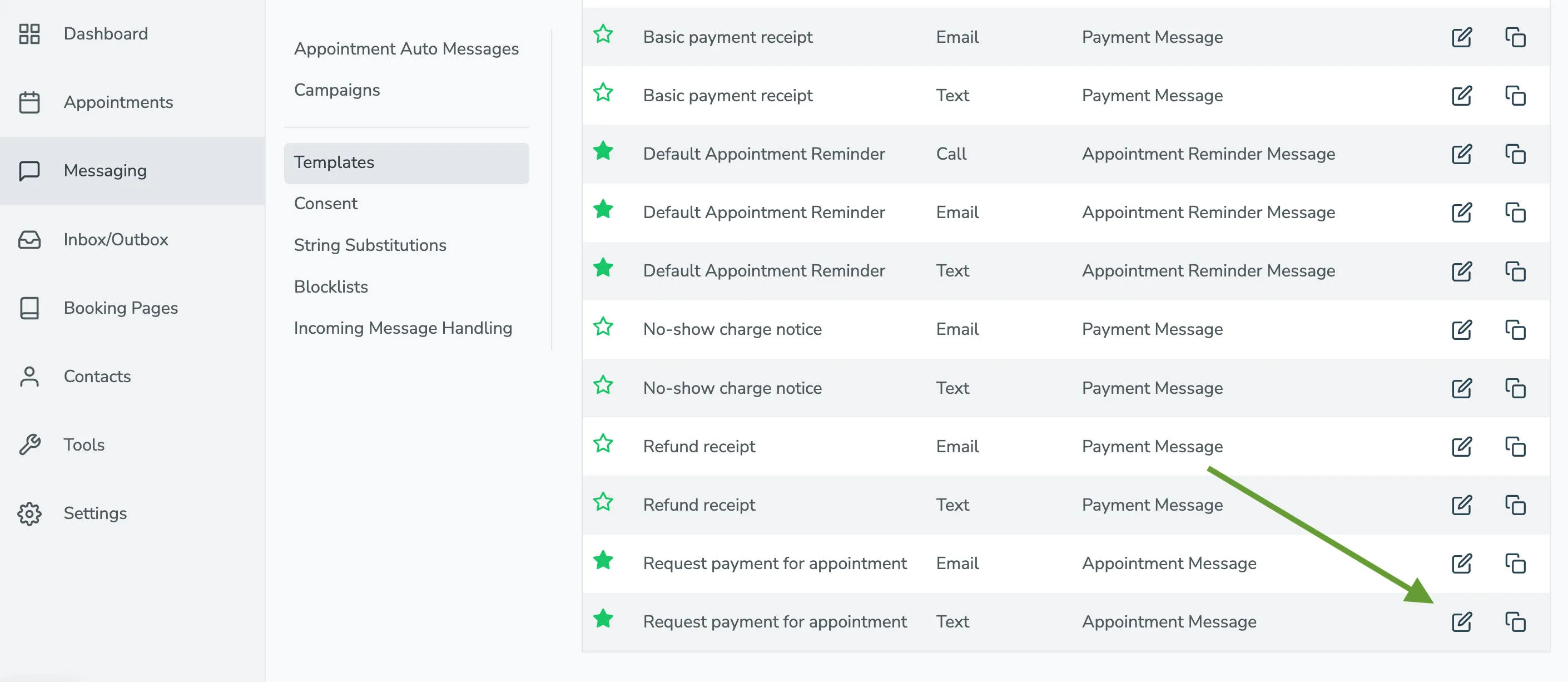 Edit payment message templates in Apptoto under the Messaging > Templates tab