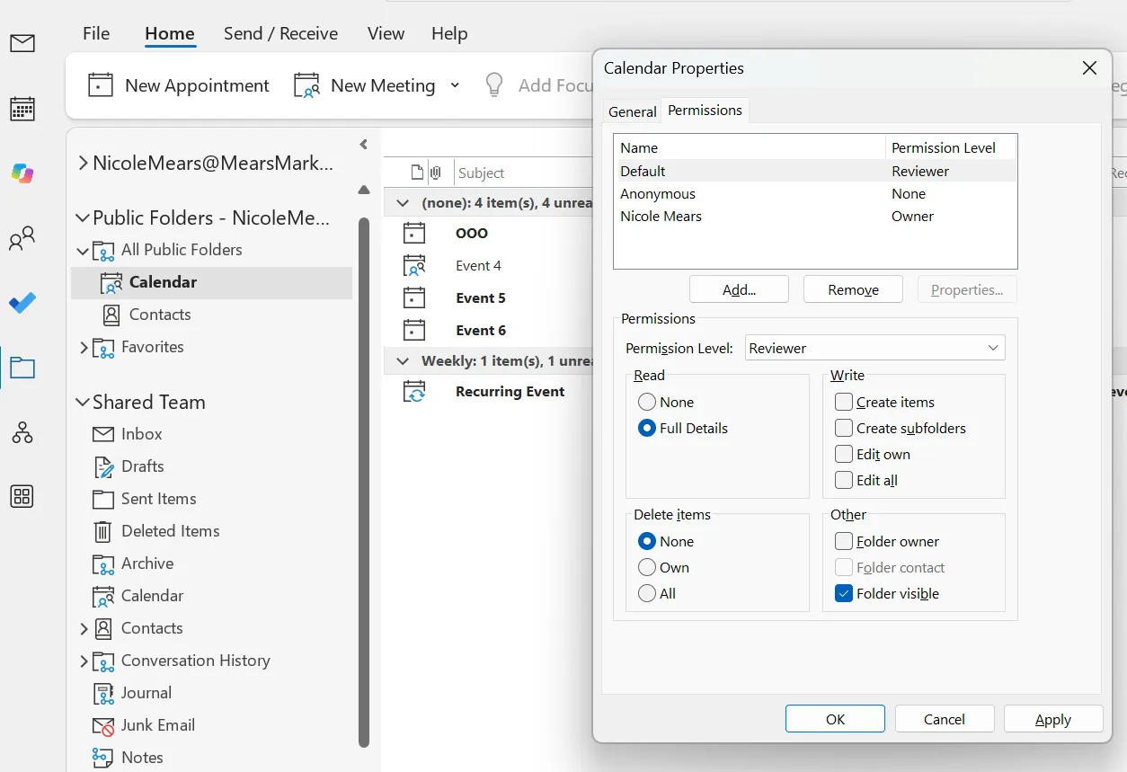 Public folder Permissions tab with Default set to Reviewer to make the calendar read-only