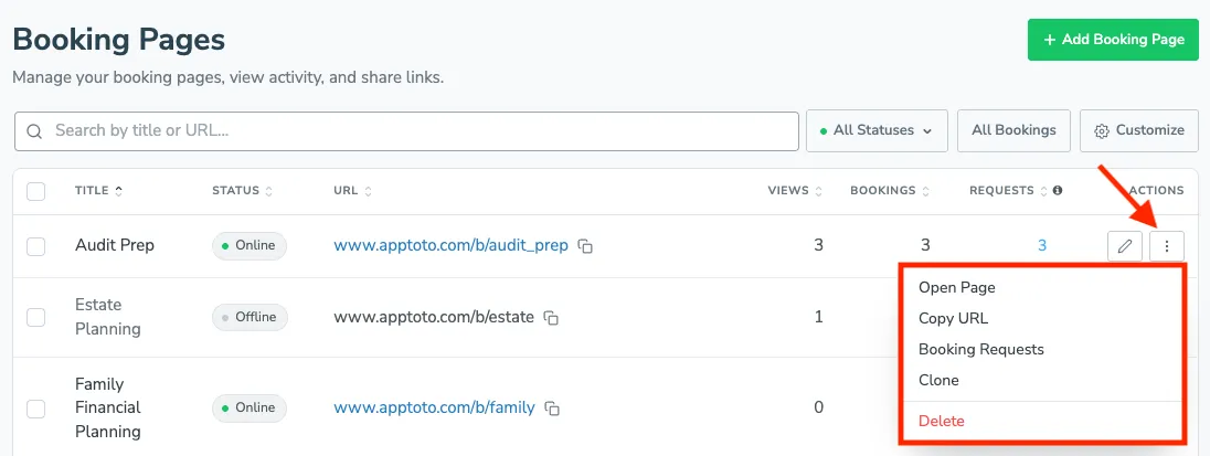 Row actions menu for a booking page with options to open, copy, clone, or delete.