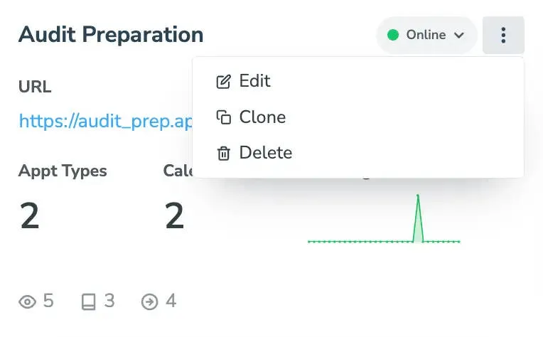 Row actions menu for a booking page with options to open, copy, clone, or delete.