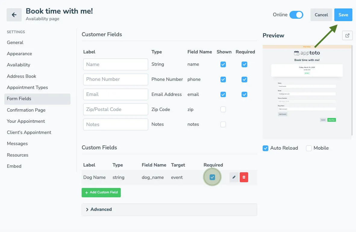 Save Salesforce custom field to add it to your Apptoto booking page