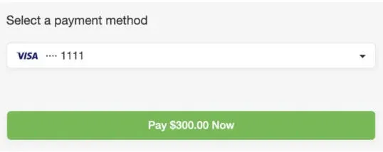 Booking page with saved payment method displayed.