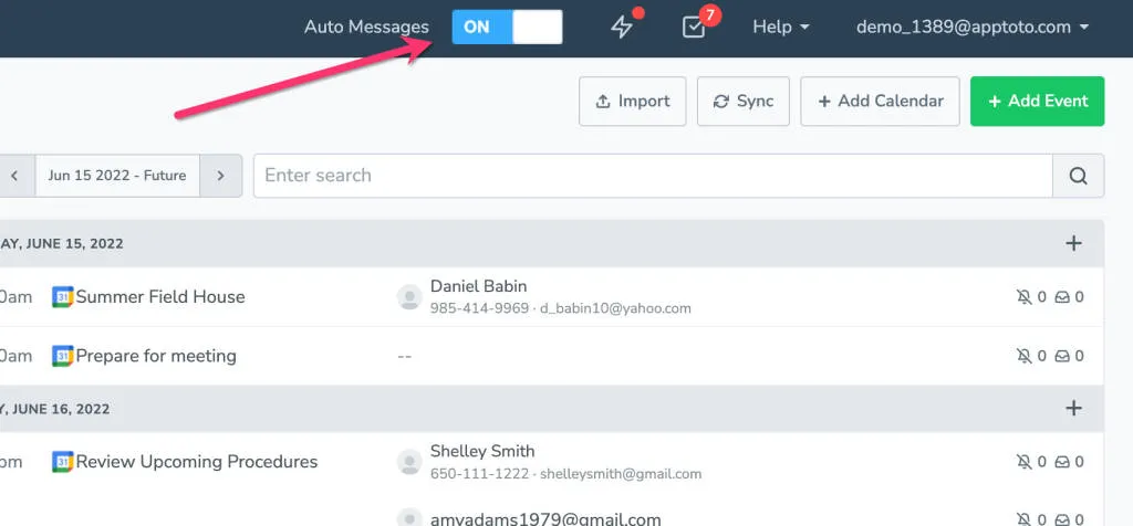 Toggle "Auto Messages" on in the navigation to allow Apptoto to send appointment messages automatically.