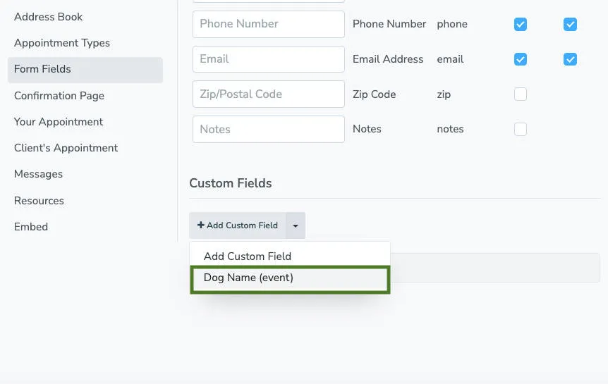 Select custom field from drop-down to add to booking page