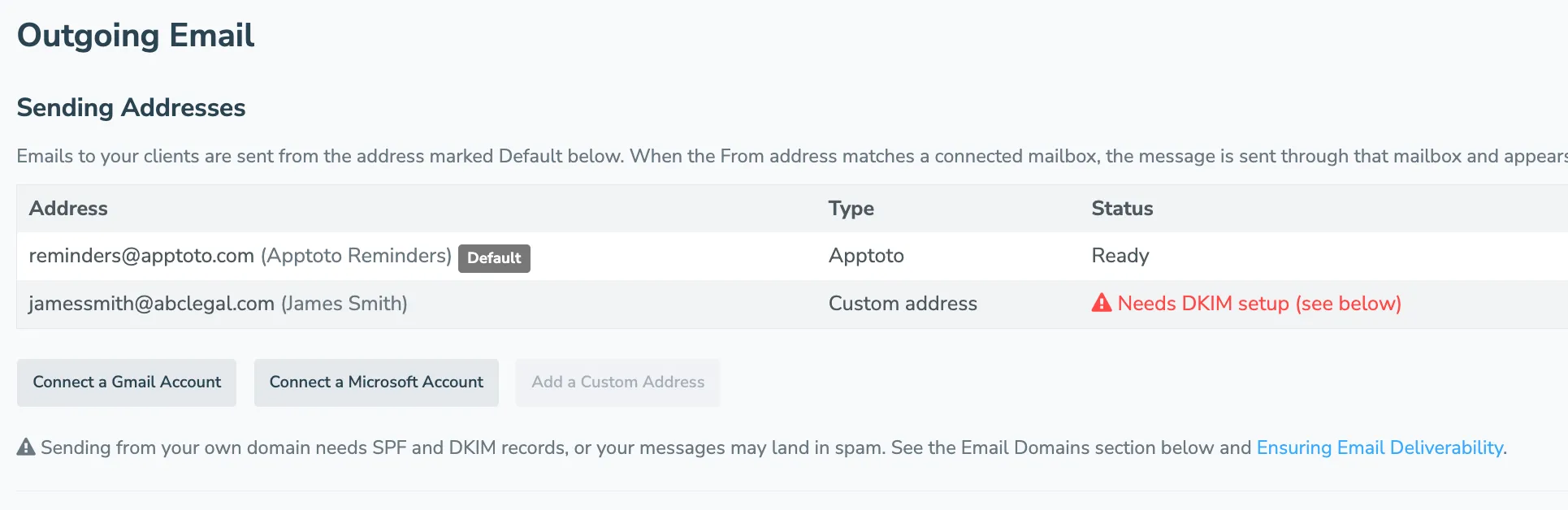 Select which email address type you'd like Apptoto to send emails from on your business's behalf.