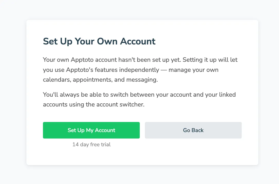 The Set Up Your Own Account screen invites linked users to start a 14-day free trial and run through onboarding for their own Apptoto account.