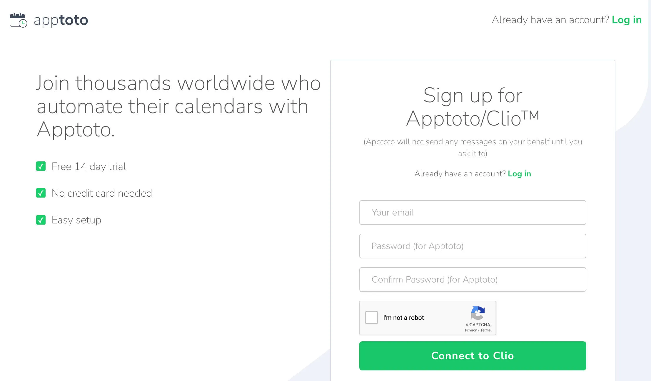 Apptoto signup page displaying "Connect to Clio" easy sync option