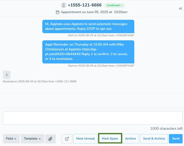 Mark messages as spam on the inbox/outbox tab.