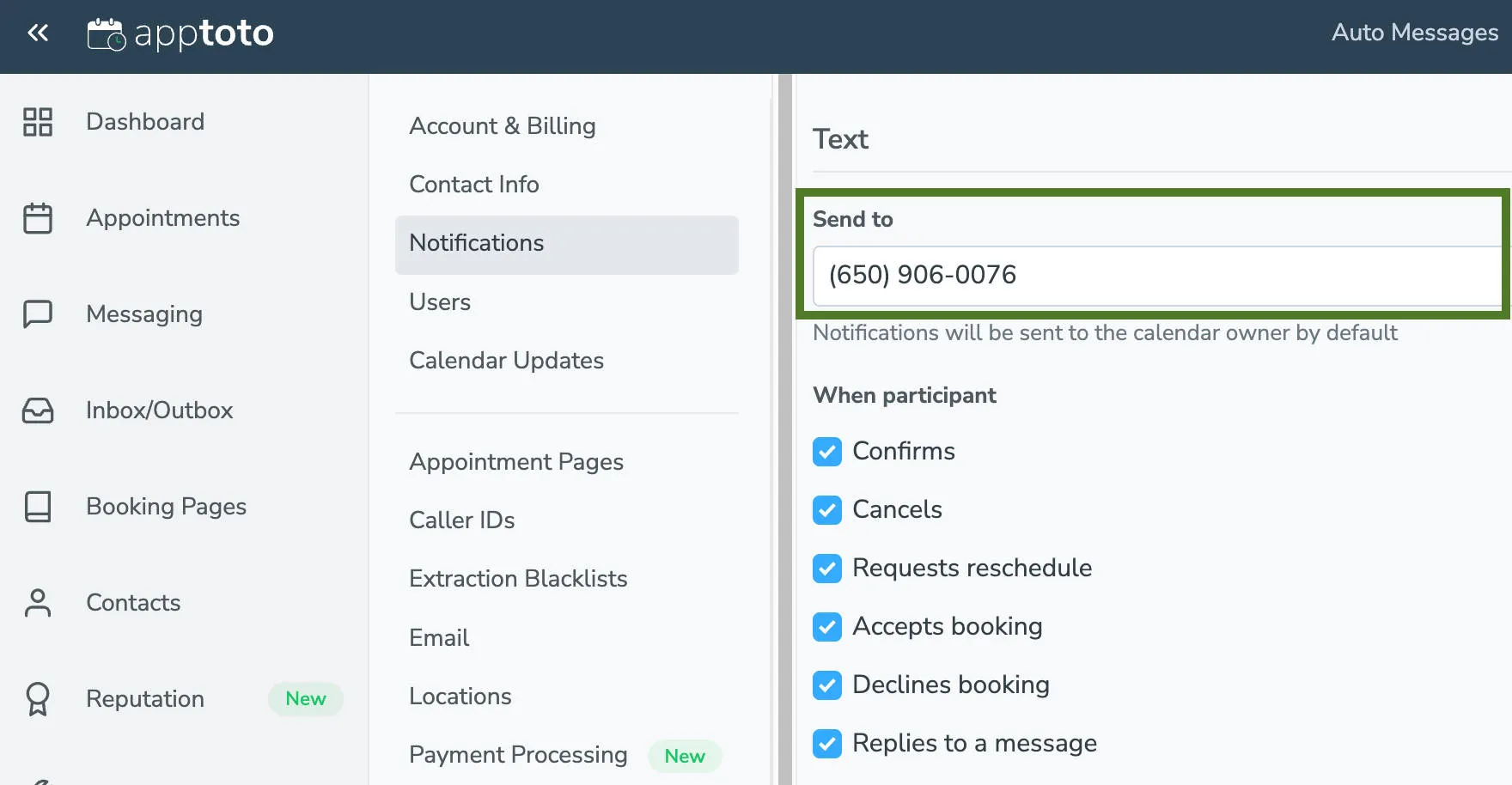 Select text notification preferences for client responses to appointment reminders and bookings via settings > notification tab.