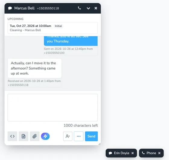 A text window with Marcus Bell, showing his upcoming cleaning at the top and his latest messages, with Erin Doyle's window and the Phone minimized into tabs at the bottom right