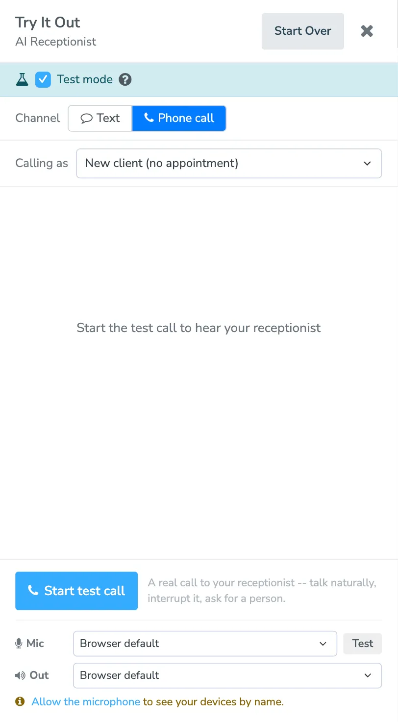 The Try It Out panel on the Phone call channel, with the Start test call button and the microphone and speaker choices