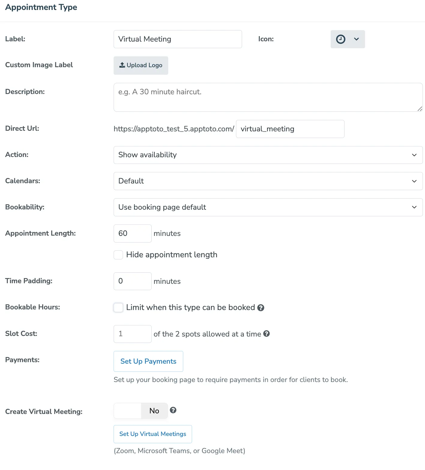 Settings for an individual appointment type when providing clients the option to select from multiple appointment types on your booking page