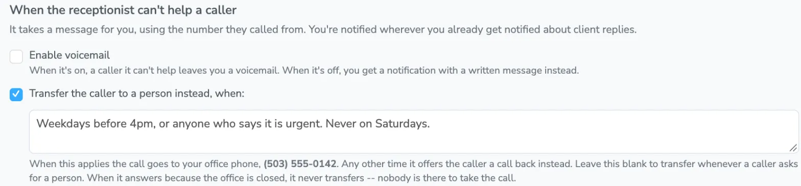 The Enable voicemail checkbox, with transfer rules written underneath